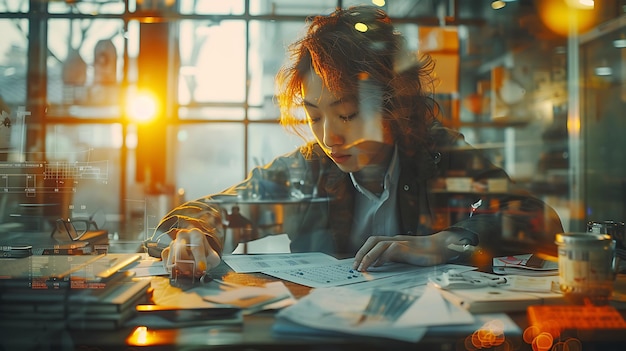 Person sitting at a desk doing calculus depicted with double exposure and back button focus