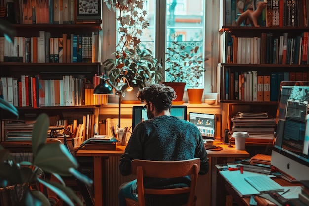 A person sitting at a desk in front of a computer