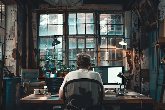 A person sitting at a desk in front of a window