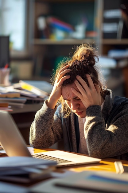 Photo a person sitting at a desk holding their head in pain with a cluttered workspace in the background symbolizing stressinduced headache