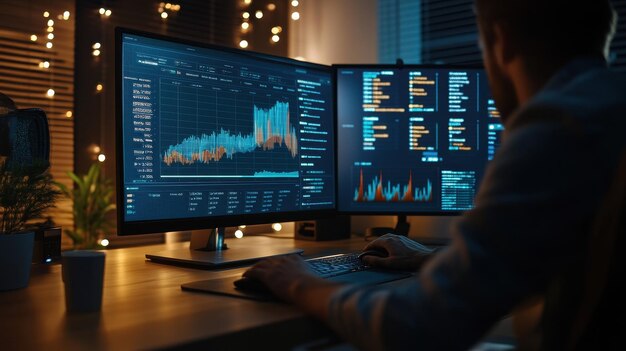 a person sitting at a desk with two monitors and a graph on the screen