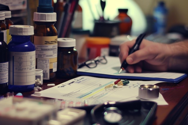 Photo a person sitting at a desk writing a prescription for a patient on a piece of paper writing a prescription for a patient at their desk