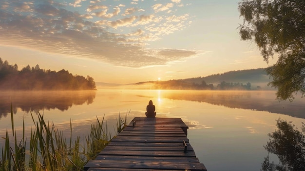 Photo person sitting on a dock at sunrise