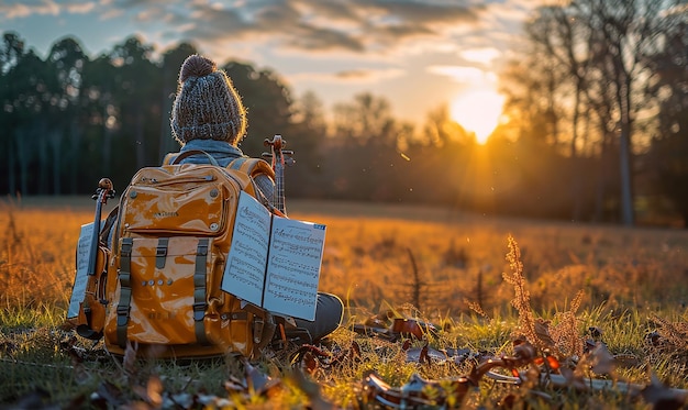 a person sitting in a field with a book that says quot music quot on it