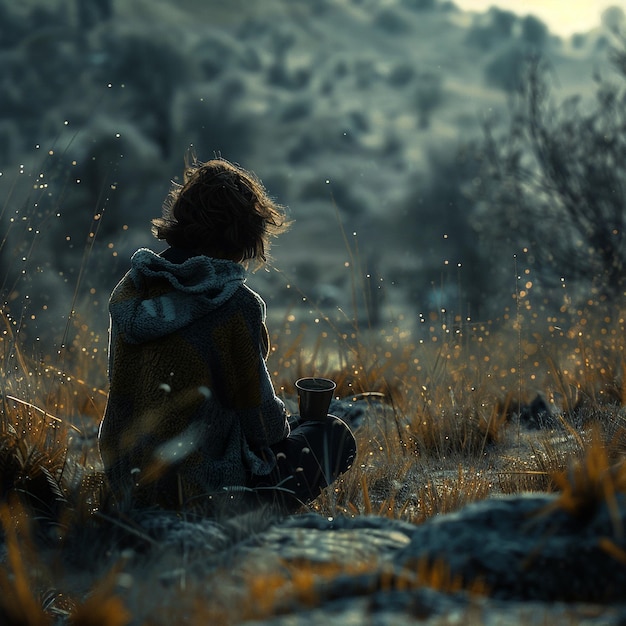 a person sitting in a field with a camera in his hand