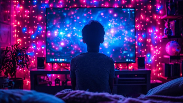 Person Sitting in Front of a Television in a Dark Room