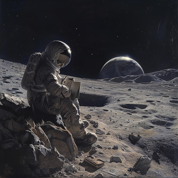 Photo person sitting on lunar rock with wornout object