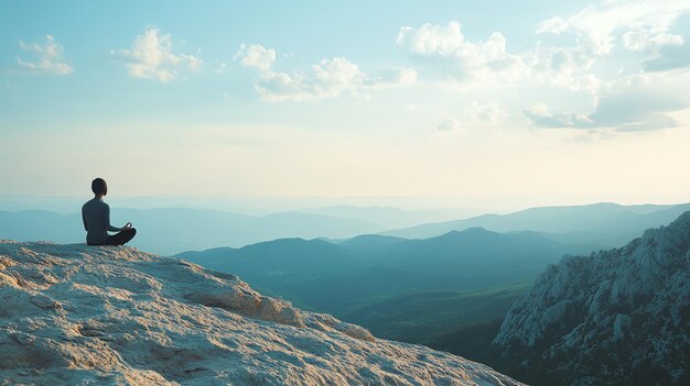 Photo a person sitting in a meditative pose on a mountaintop looking at the blue landscape