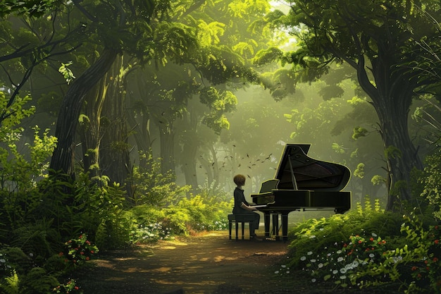 Photo a person sitting at a piano in a forest