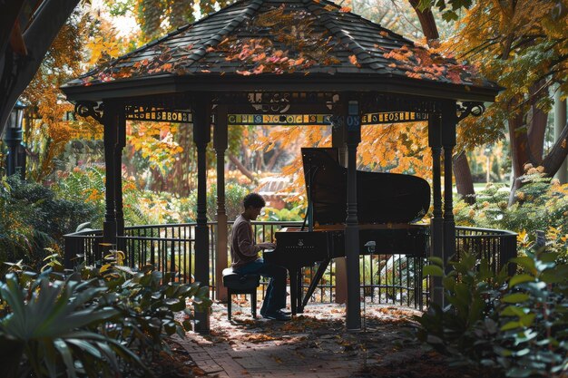 A person sitting at a piano in a gazebo