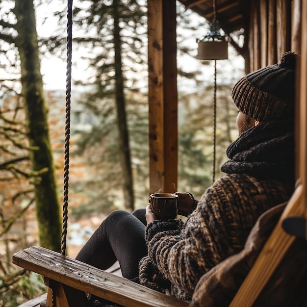 Photo a person sitting on a porch swing at a cozy cabin in a tranquil setting