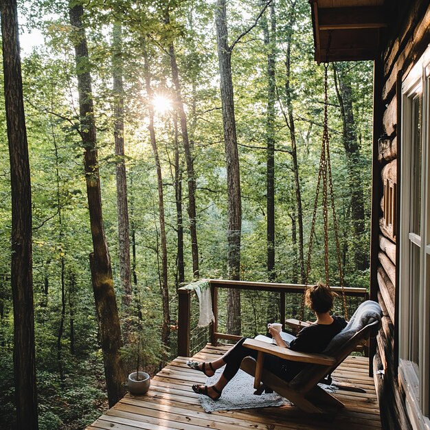 Photo a person sitting on a porch swing at a cozy cabin in a tranquil setting