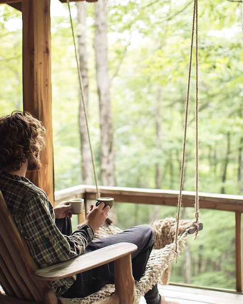 Photo a person sitting on a porch swing at a cozy cabin in a tranquil setting