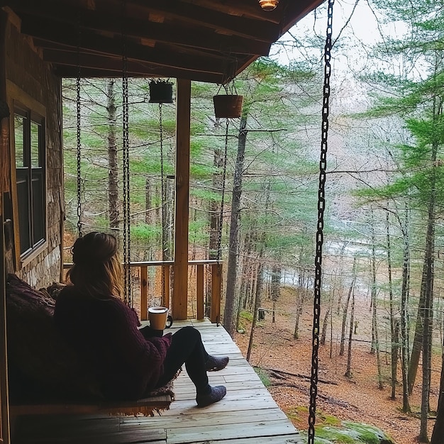 Photo a person sitting on a porch swing at a cozy cabin in a tranquil setting