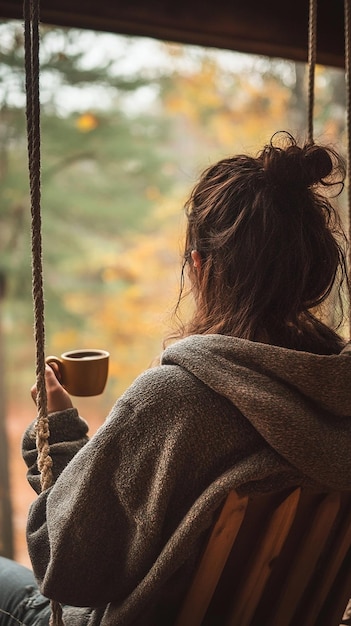 A person sitting on a porch swing at a cozy cabin in a tranquil setting