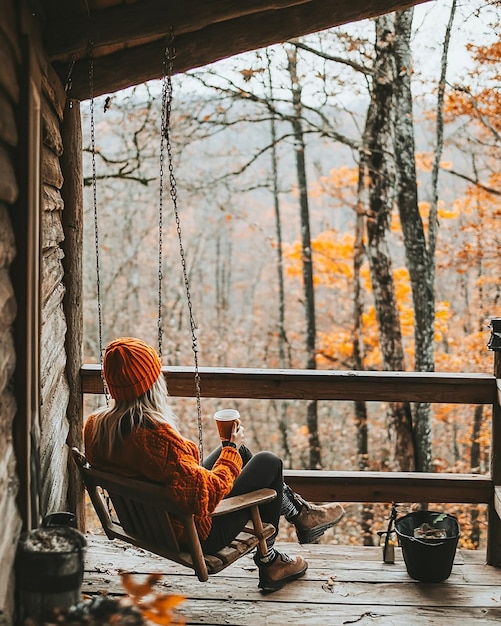 A person sitting on a porch swing at a cozy cabin in a tranquil setting