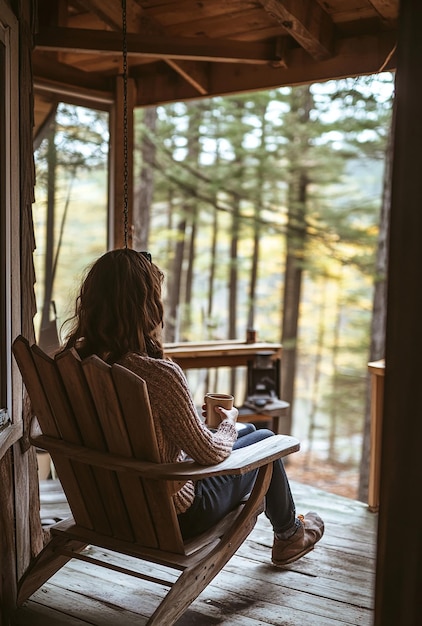 Photo a person sitting on a porch swing at a cozy cabin in a tranquil setting