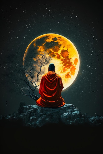 Person sitting on rock in front of full moon with tree in the foreground Generative AI