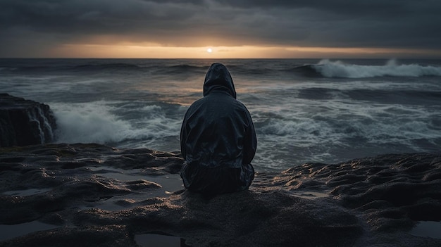 A person sitting on a rock looking at the ocean with the sun setting behind him.