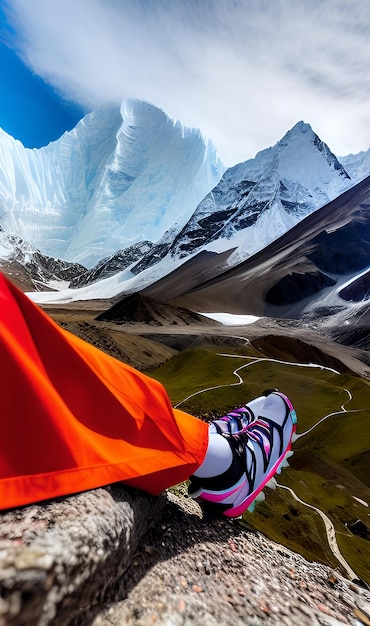 A person sitting on a rock with the Himalayan mountain in the background