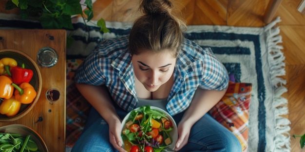 A person sitting on a rug holding a bowl of salad suitable for food or lifestyle images