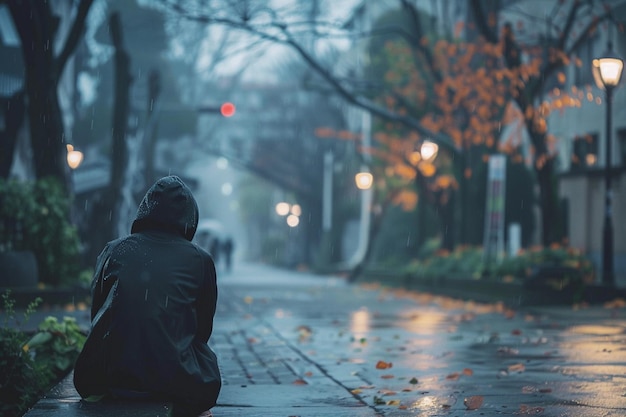 Photo a person sitting on a sidewalk