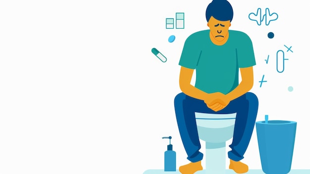 Photo a person sitting on a toilet in a clean bathroom looking distressed with medical symbols and hygiene