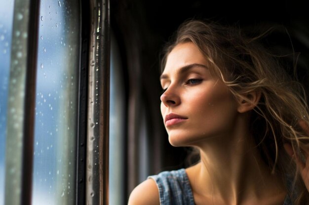 Photo a person sitting on a train staring out of a rain sad photos663jpg