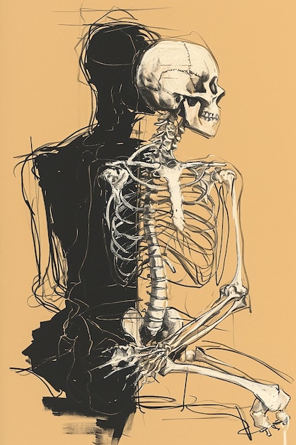 Photo a person sitting with their skeleton exposed sketch style black and white on a beige background