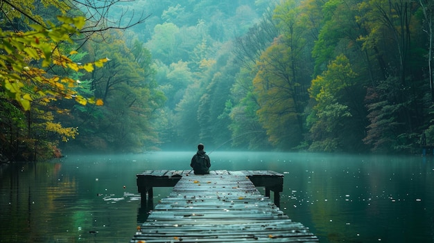 A person sitting on a wooden dock fishing with a rod