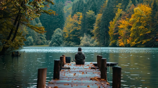 A person sitting on a wooden dock fishing with a rod