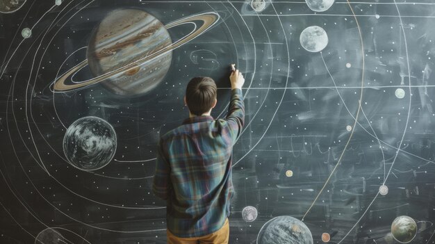 Photo a person sketches celestial bodies and orbits on a large blackboard deeply engrossed in illustrating astronomical concepts