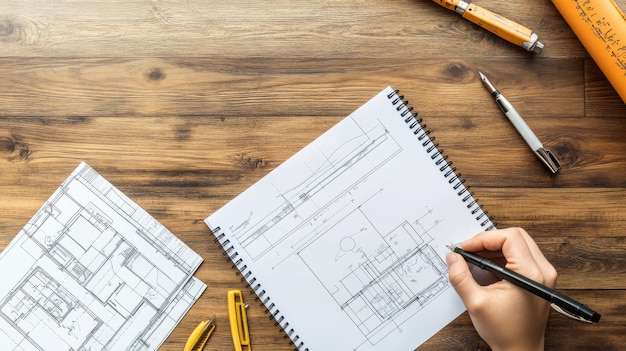 Photo a person sketching architectural plans on a wooden desk