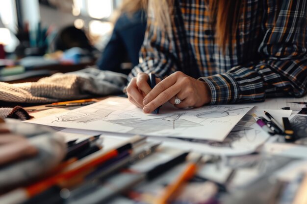 Person sketching designs at a cluttered art desk in a bright studio during the afternoon