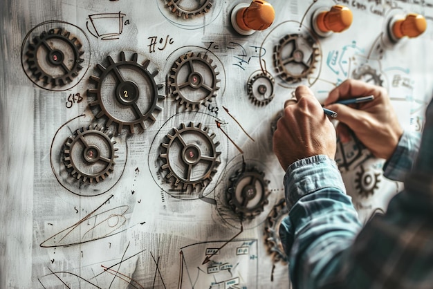 Photo a person sketching interconnected gears on a whiteboard symbolizing the breakdown and analysis of co