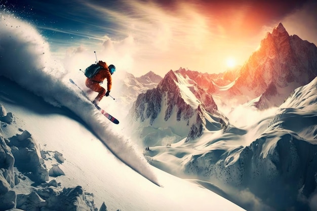 Person skiing down snowy mountain at sunset Generative AI