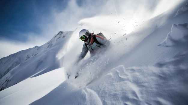 A person skiing down a snowy mountain with a helmet on.