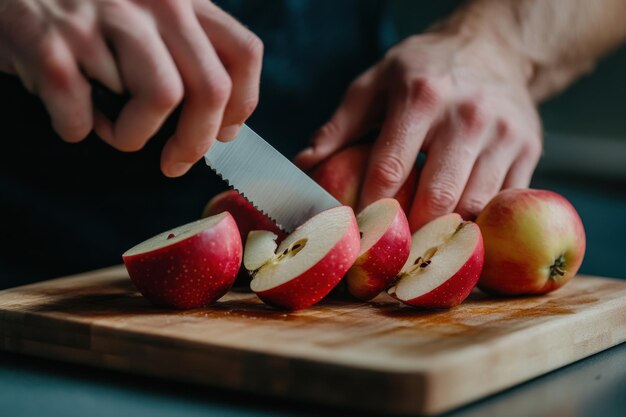 Photo person slicing an apple on a cutting board for culinary use and recipe ideas