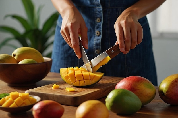 Photo a person slicing mango for juicing