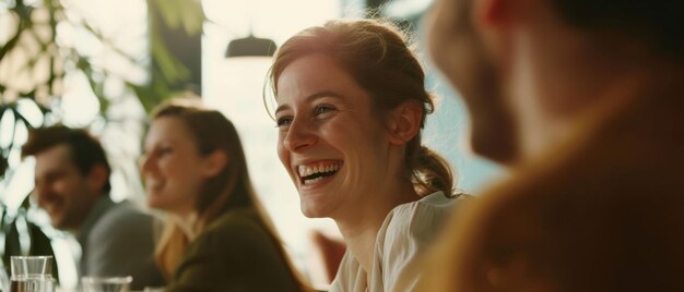 A person smiling brightly in a vibrant modern office space engaging in lighthearted conversation with colleagues creating a warm collaborative atmosphere