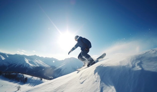 A person snowboarding on a mountain with the sun shining on them