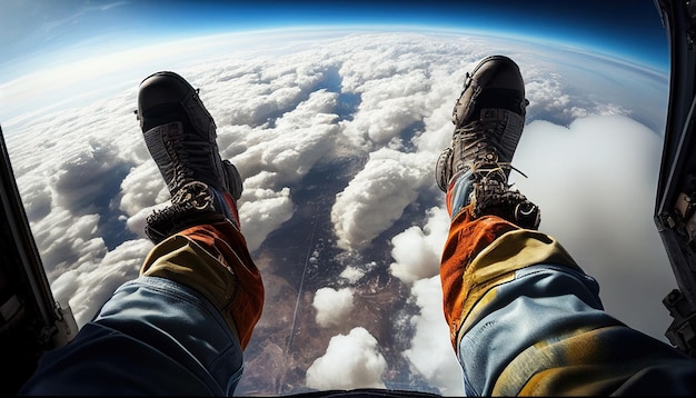 A person in a space suit is sitting on the edge of a cloud.