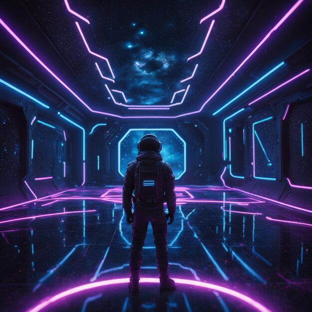 Photo a person in a space suit stands in a dark room with a glowing blue light and a glowing background