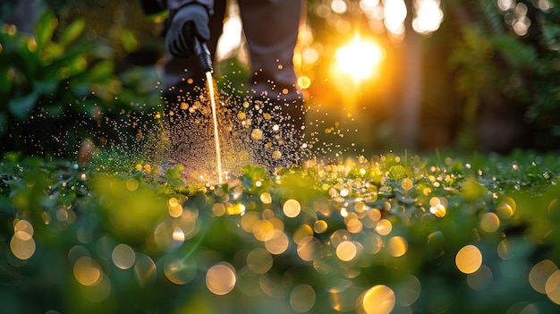 Photo person spraying water on green grass lawn in sunny day gardener spraying lawn weeds with a herbicide person spraying water on green grass lawn in sunny day