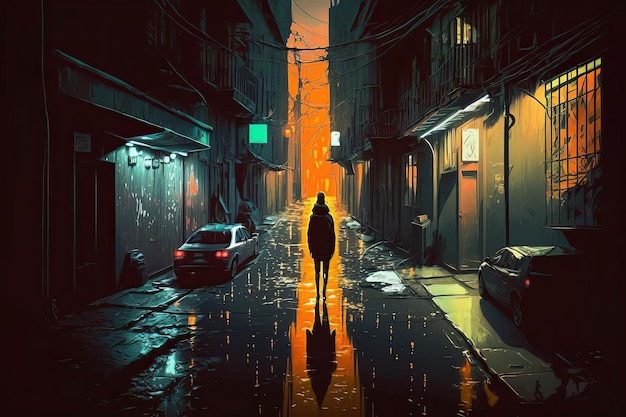 A person stand on the dimly lit alleyway with puddles reflecting the neon sign colorful illustration