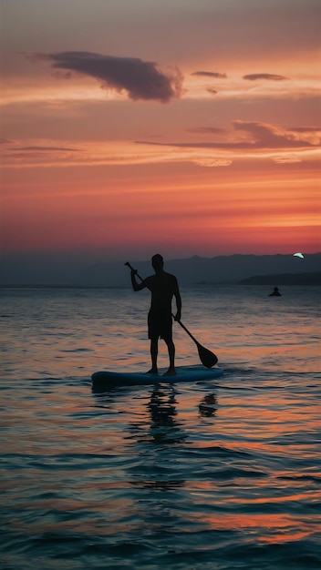 Photo person stand up paddle boarding dusk quiet sea sunset colors