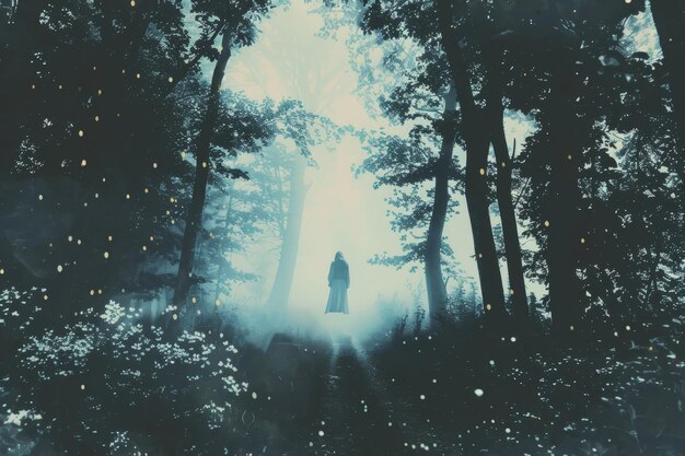 Photo a person standing amidst dense forest trees in a natural setting a ghostly figure floating through a mistcovered forest