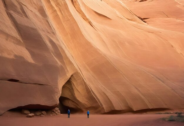 Person standing at the base of a large curved sandstone rock formation with a smooth surface