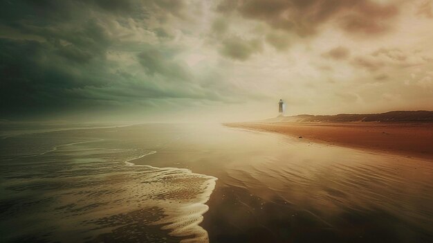 Photo a person standing on a beach with a lighthouse in the background