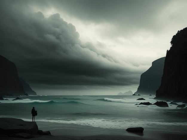 A person standing on a beach with the ocean in the background.